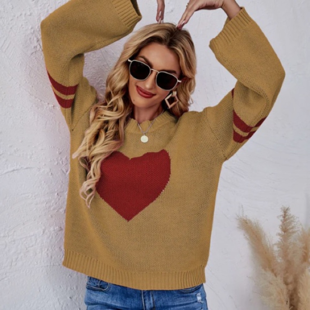Cozy Tan Sweater with a bold Red heart and Stripes - Picture 4 of 7